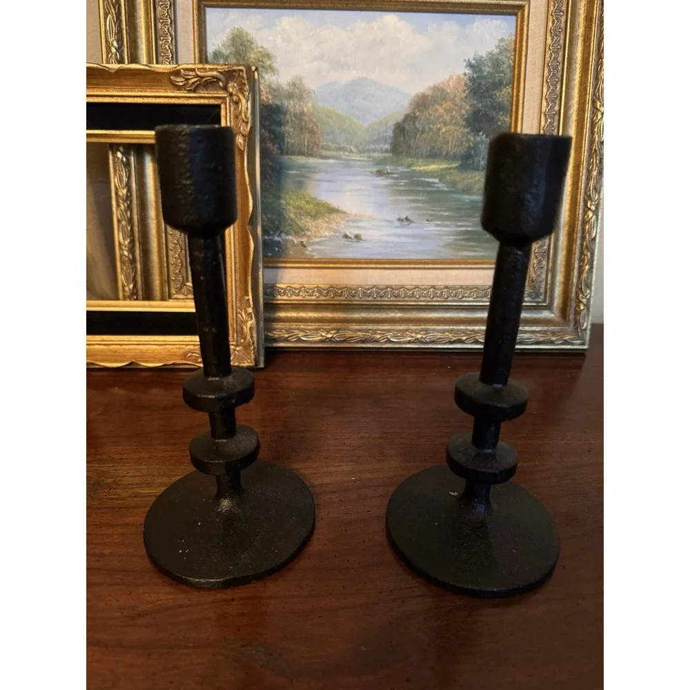 Pair Black Cast‎ Iron Taper Candle Holders Brutalist Style Modernist 7